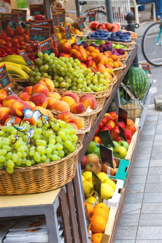 Fruit stall in the Italian city market, stock photo
