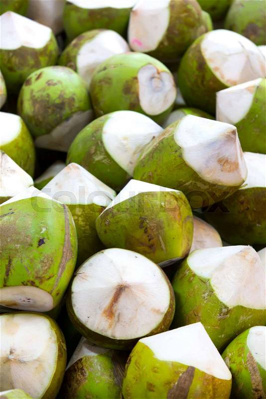 Background coconut shot close-up in the Asian market, stock photo