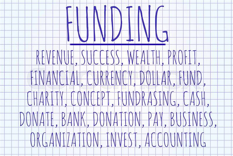 Funding word cloud written on a piece of paper, stock photo