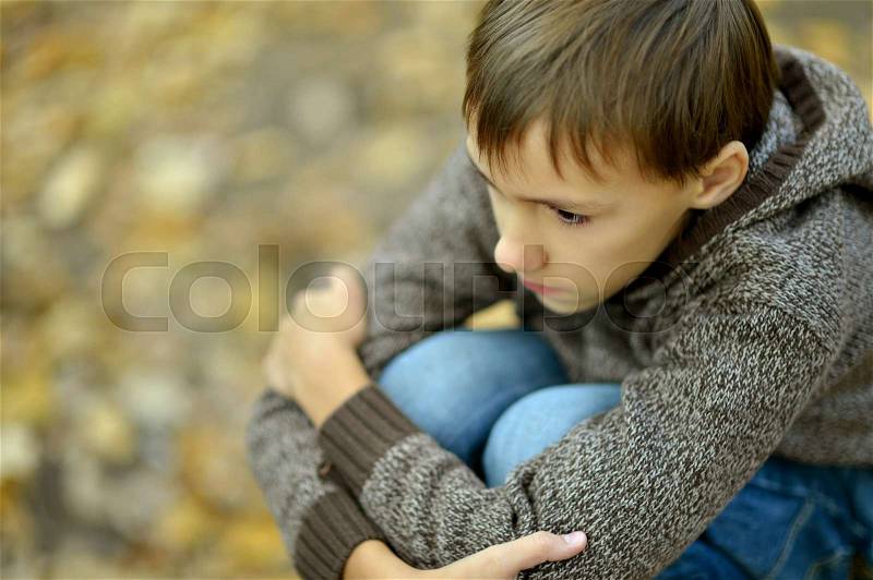 Little sad boy in autumn park, stock photo