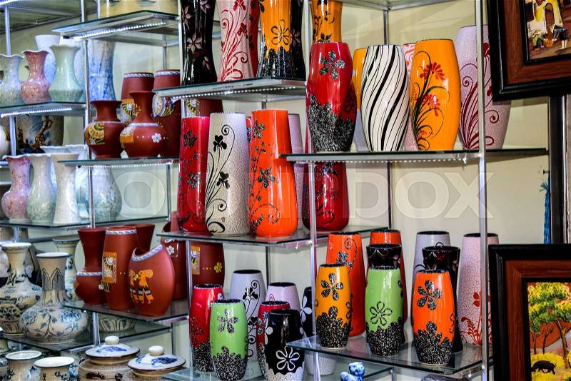 Pottery products on a shop in Bat Trang ancient ceramic village, stock photo