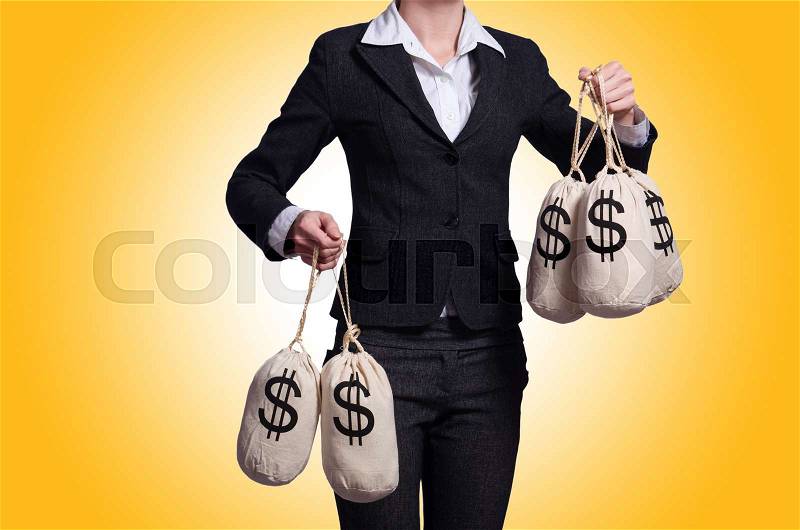 Woman with sacks of money on white, stock photo