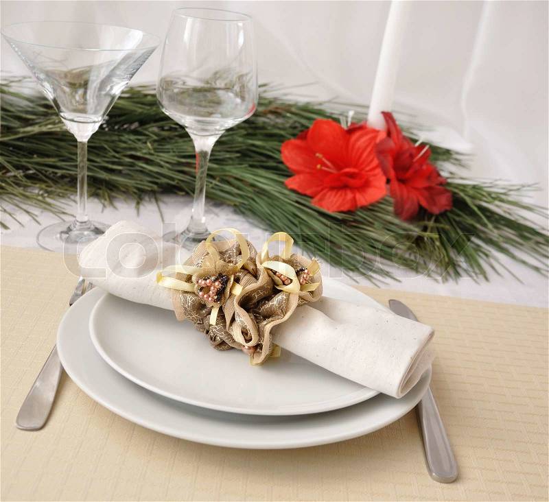 Festively decorated Christmas (New Year) a table for dinner, stock photo