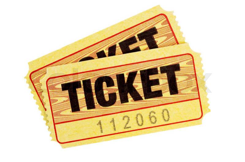 Pair of yellow admission tickets isolated on a white background, stock photo