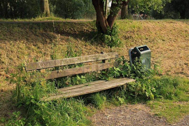 Green waste basket, a wooden bench and mowed grass in the park in the summer in Holland, stock photo