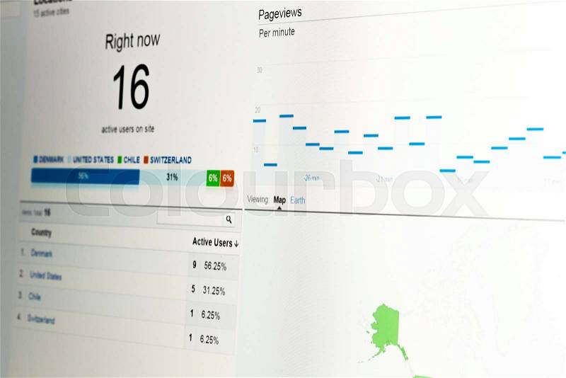 Close-up of web analytics data showing real-time visitors on website with data on white background, stock photo