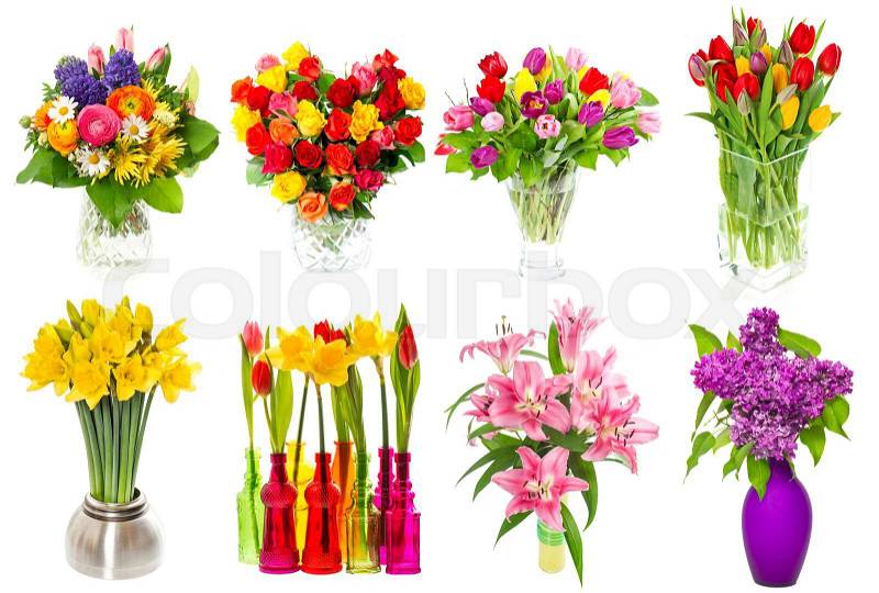 Bouquet of colorful flowers in a vase. tulips, roses, lilac, narcissus, lily blossoms over white background, stock photo