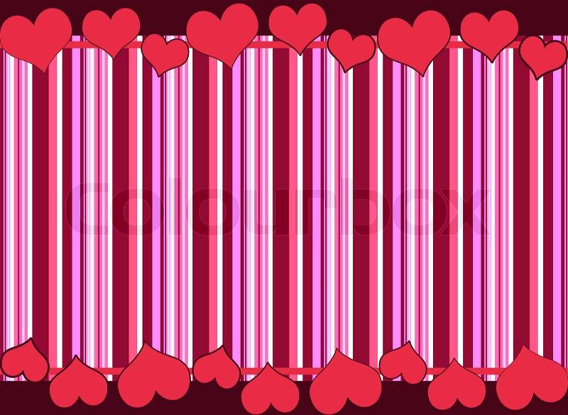 A background border featuring violet and pink stripes and hearts as a top and bottom border, stock photo