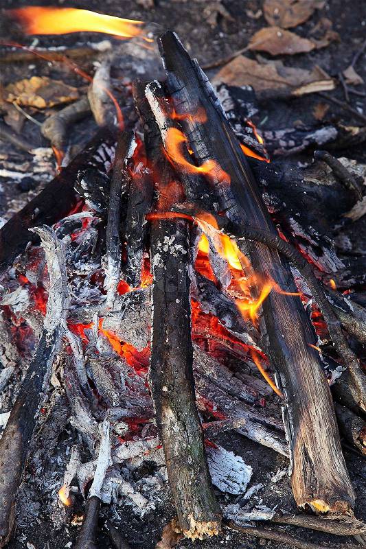 Close up of an outdoor fire burning, stock photo