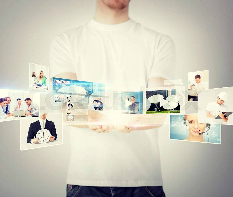 Technology, internet, tv and news concept - man hands with virtual screens, stock photo