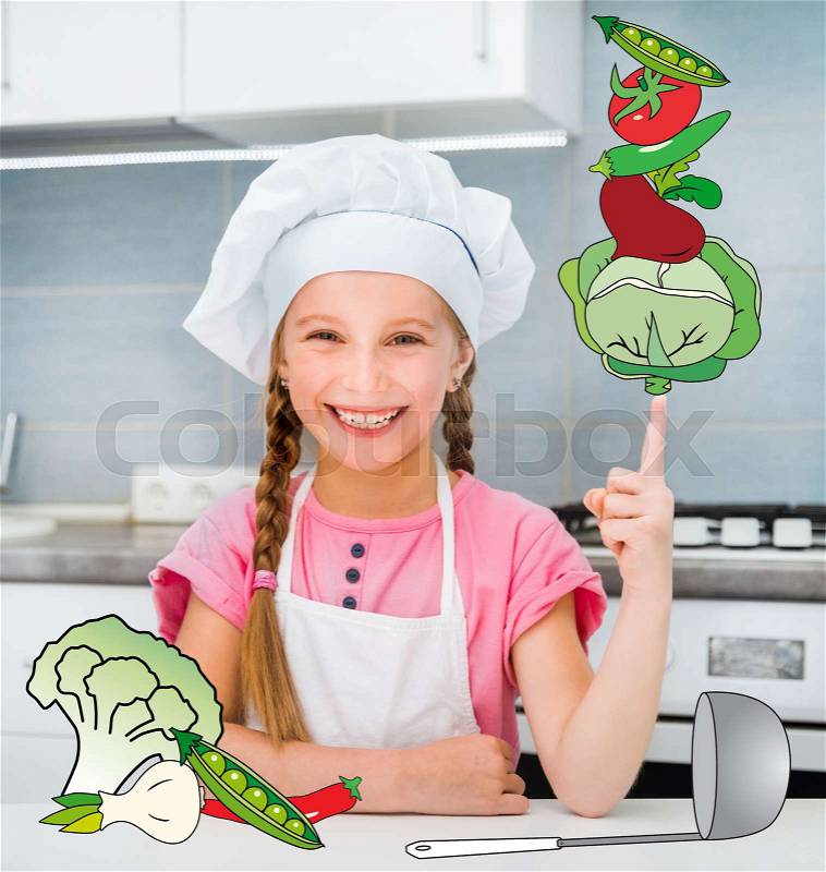 Little girl dressed as a cook balanced pyramid of vegetables, stock photo