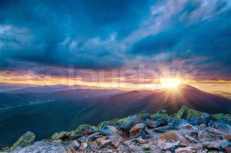Carpathian mountains summer sunset landscape with sun and alpine pines, stock photo