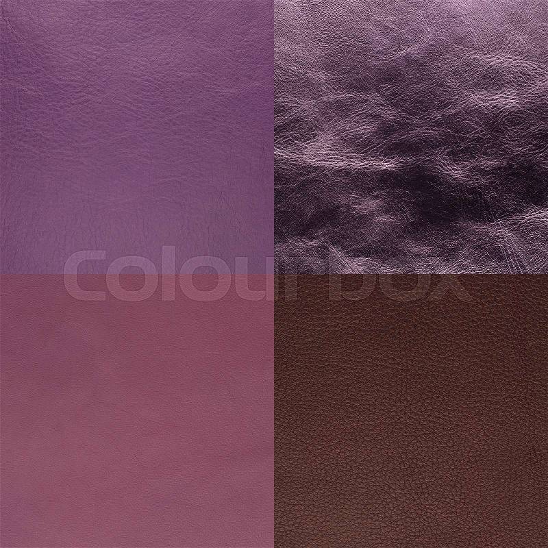 Set of purple leather samples, texture background, stock photo