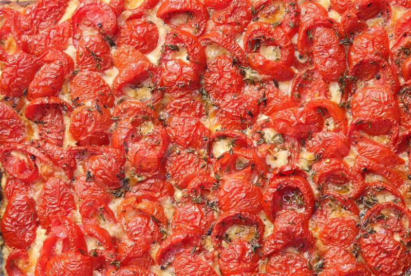 Tomato cake close up viewed from above, stock photo