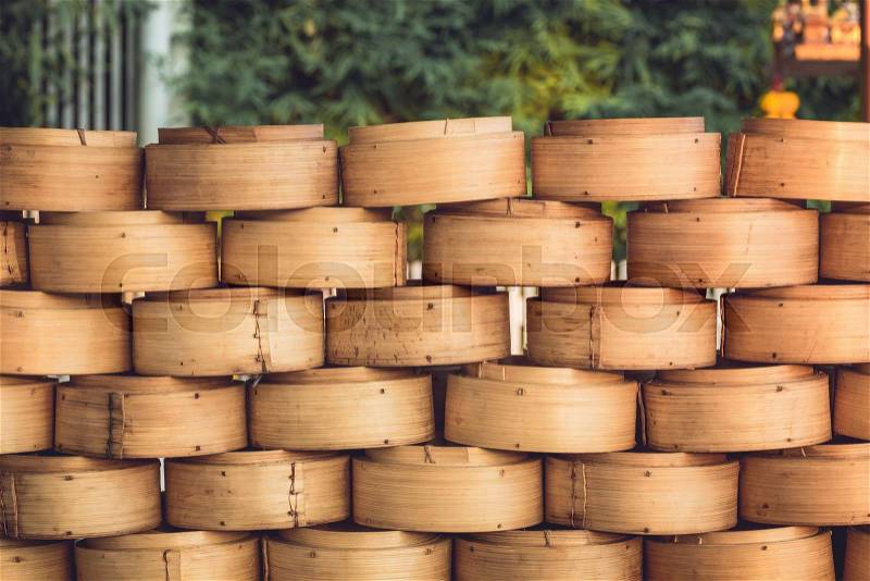 Stack of Chinese Bamboo Steamer for Steaming Chinese Food, stock photo