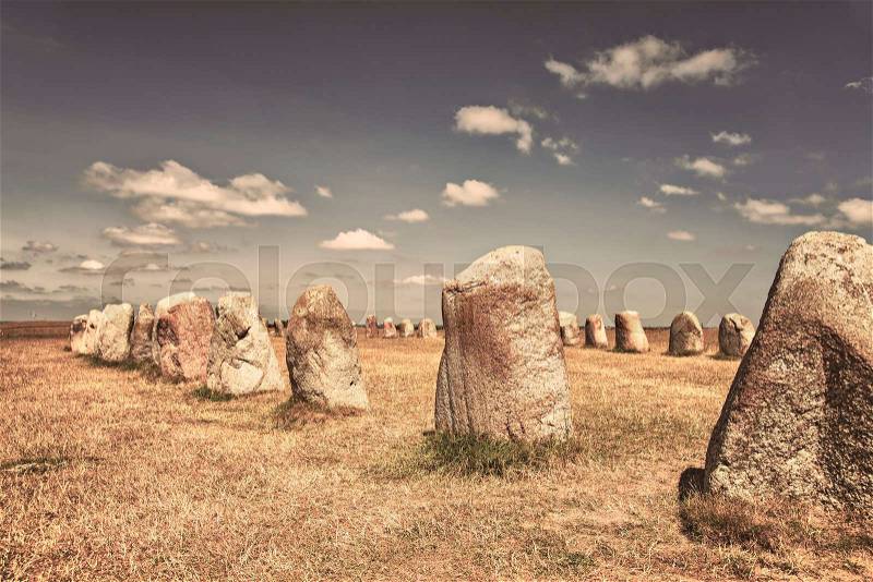 Image of the stone circle of Ales stenar, in south of Sweden. , stock photo