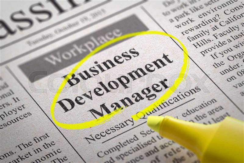 Business Development Manager Vacancy in Newspaper. Job Search Concept, stock photo