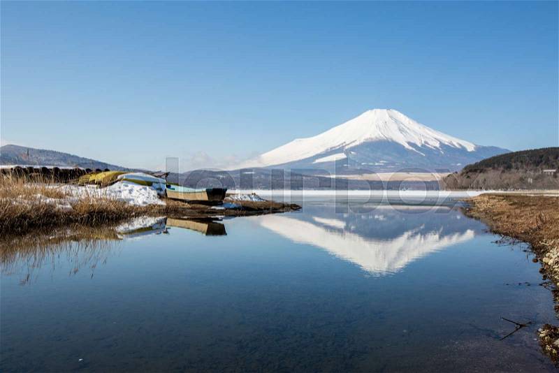 Mount Fuji at Iced Yamanaka Lake in Winter, stock photo