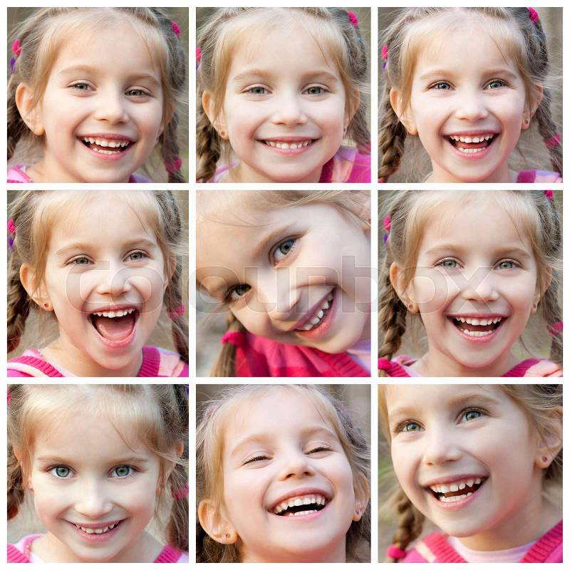 Collage of face little cute girl laughing happily, stock photo