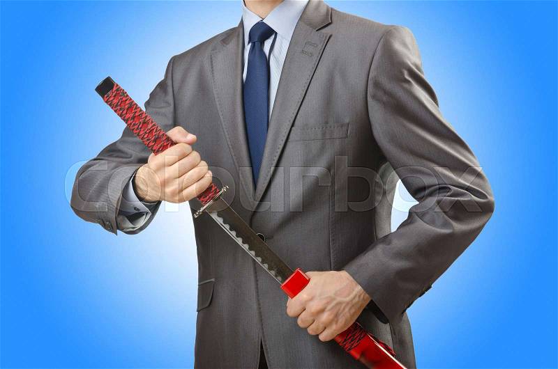 Businessman with sword on white, stock photo