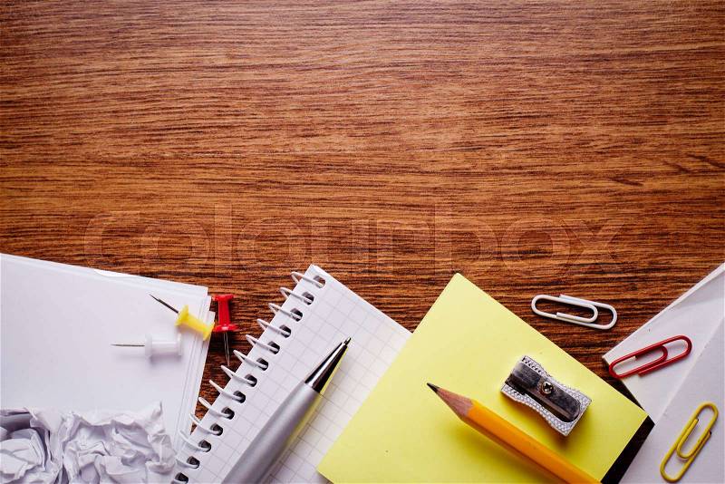 Close up Various Educational Supplies and on Brown Wooden Table with Copy Space for Texts , stock photo