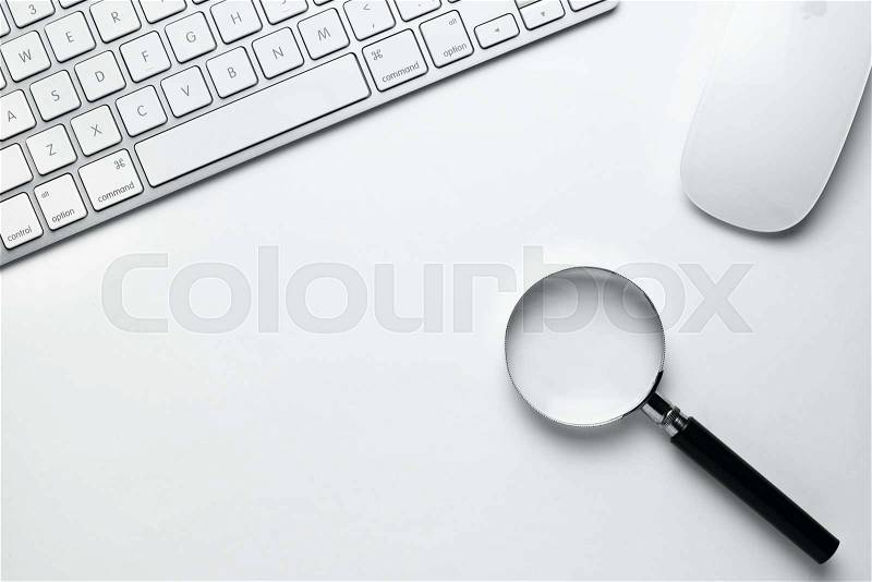 Conceptual White Office Stuffs on Top of White Table with Copy Space for Texts On Upper Right Side, stock photo