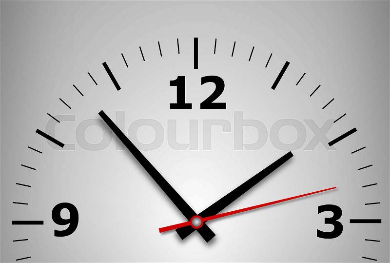 Wall clock on a gray background with arrows and numbers, stock photo