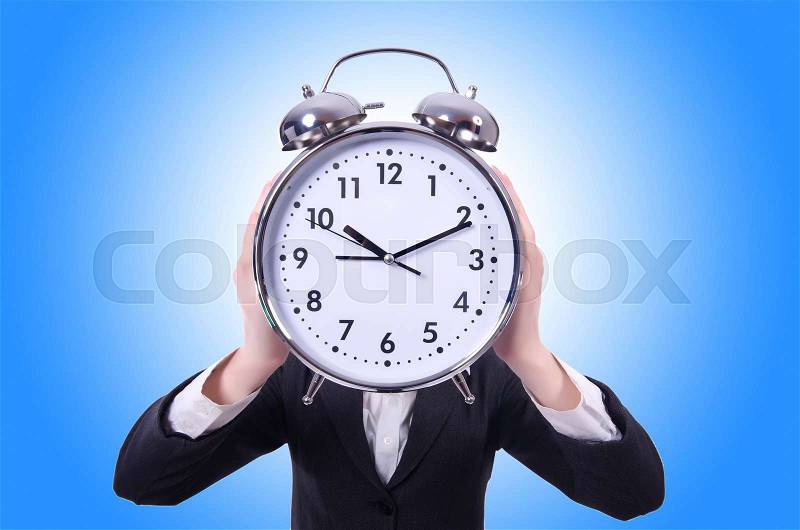 Funny woman with clock on white, stock photo