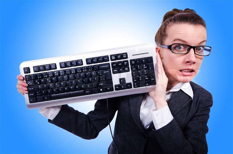 Nerd businessman with computer keyboard on white, stock photo