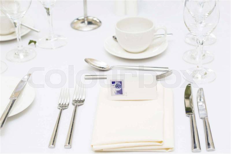 Luxury scottish wedding gala table setting with blank personal greating card, stock photo
