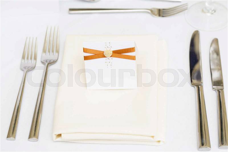 Luxury wedding gala table setting with blank personal greating card, stock photo