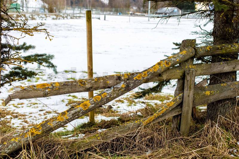 Old wooden broken fence at farm in winter, stock photo