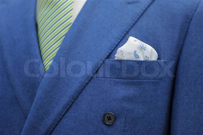 Blue suit with tie and handkerchief. Focused on handkerchief. , stock photo