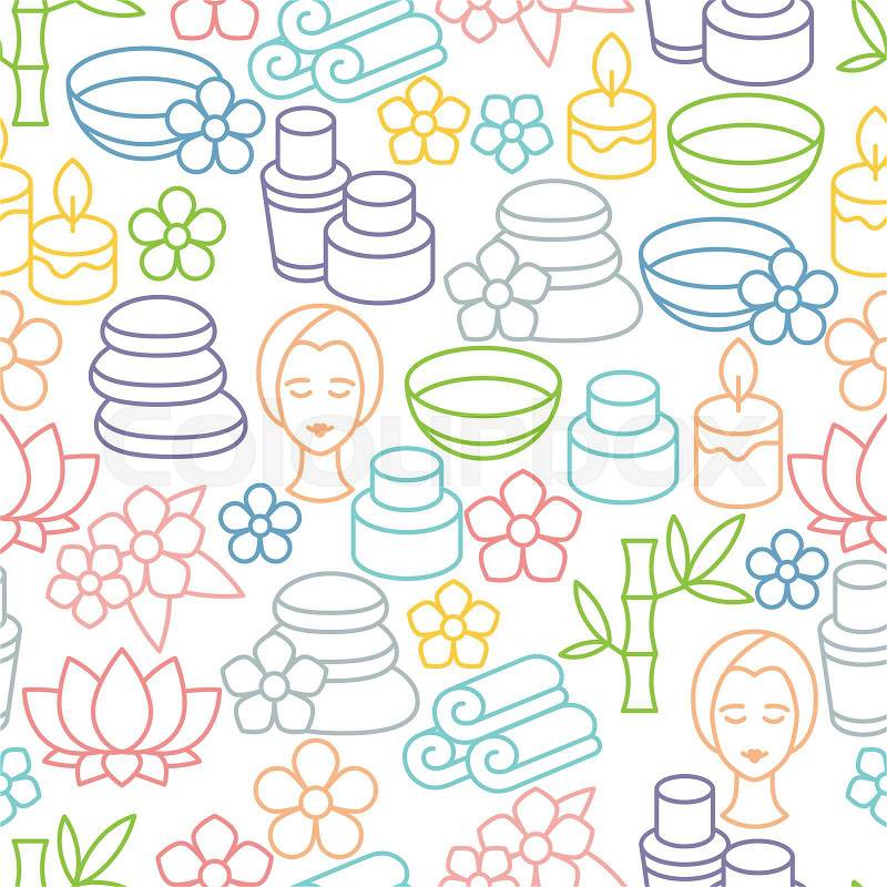 Spa and recreation seamless pattern with icons in linear style, vector