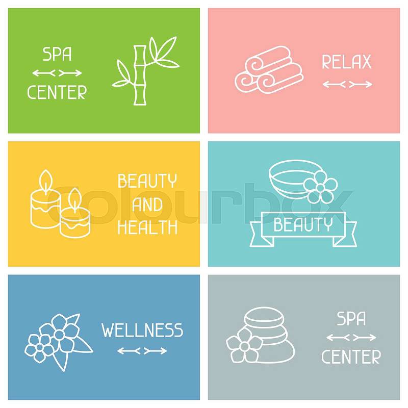 Spa and recreation business cards with icons in linear style, vector