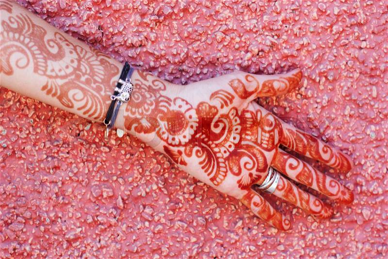 Mehendi art or Heena Tattoo on the hand, India, stock photo