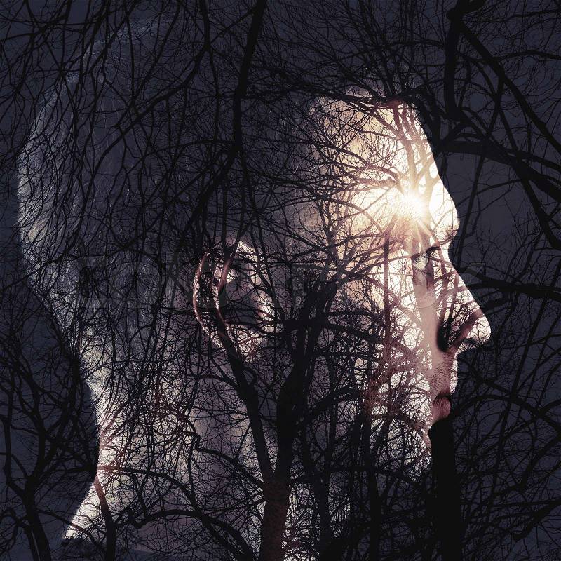 Double exposure abstract conceptual collage, man profile and bare trees with shining sun, stock photo