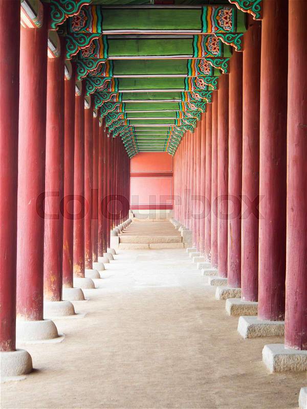 Corridor of Gyeongbokgung Palace in Seoul, South Korea, stock photo