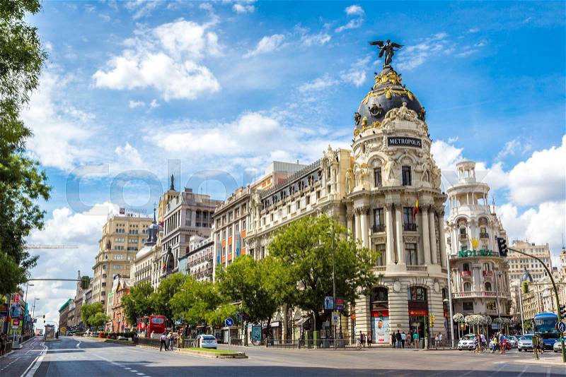 MADRID, SPAIN - JULY 11: Metropolis hotel in Madrid in a beautiful summer day on July 11, 2014 in Madrid, Spain, stock photo