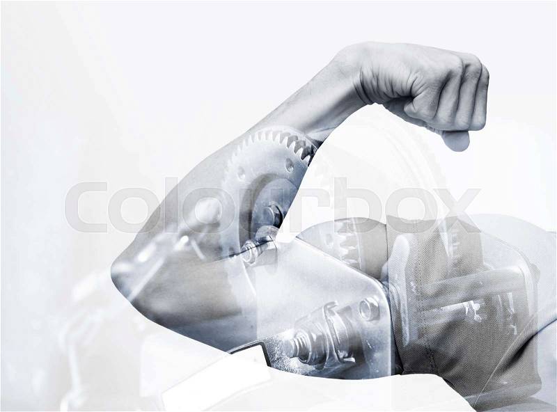 Double exposure abstract conceptual power photo collage, strong male hand showing biceps and industrial mechanism background, stock photo
