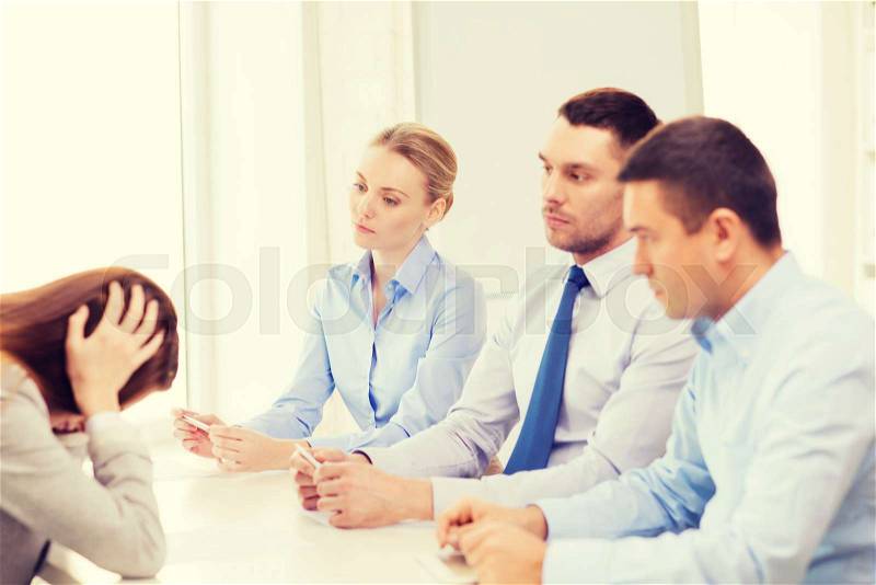 Business, career and office concept - businesswoman getting fired in office, stock photo