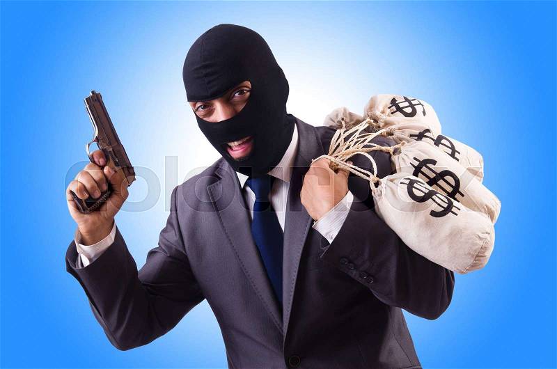 Gangster with bags of money on white, stock photo