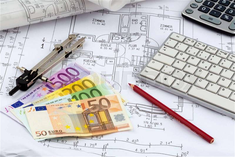 An architect\'s blueprint with euro money. symbolic photo for funding and planning of a new home, stock photo