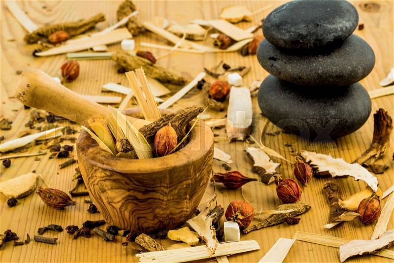 Ingredients for a cup of tea in traditional chinese medicine. cure of diseases by alternative methods, stock photo