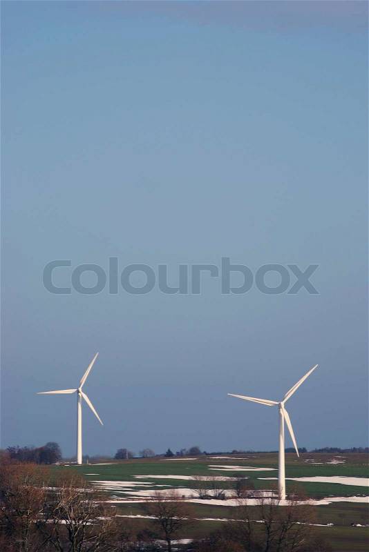 Two windmills. Early spring landscape, Denmark, stock photo