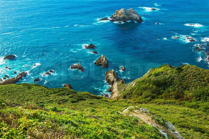 Green Ocean Shore Coastal California, United States. Pacific Ocean Shore, stock photo