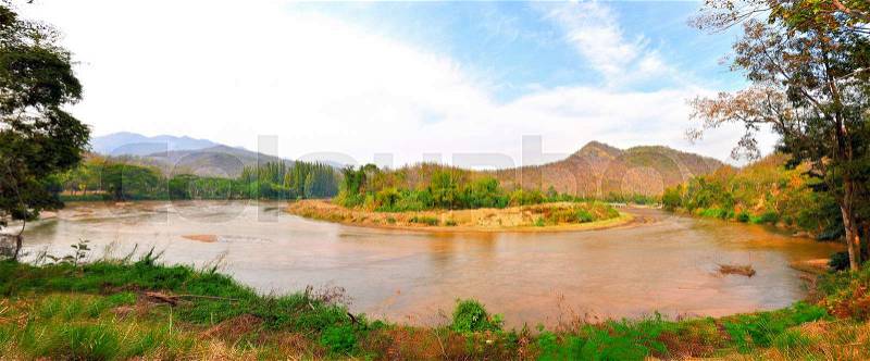 The Big Bend on River Panorama of Thailand Landscape at Maejam river,Hod district,Chiang Mai province,Thailand, stock photo