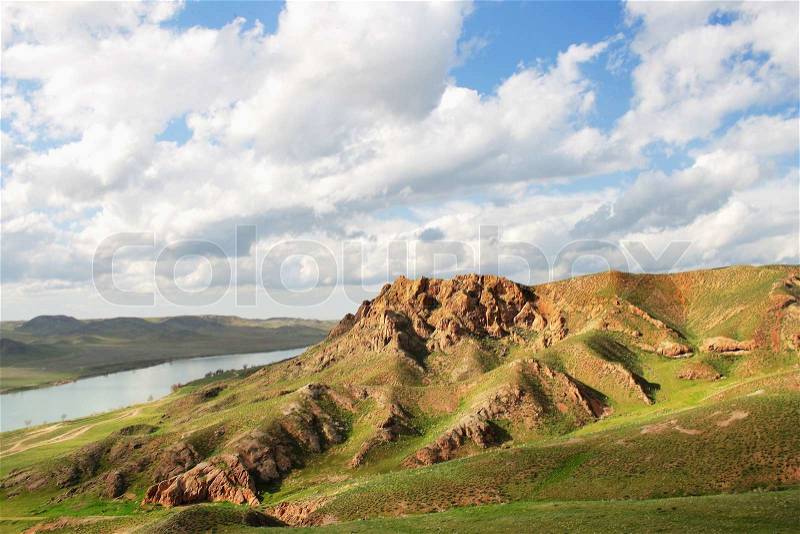 Landscape river and mountain Central Asia, stock photo