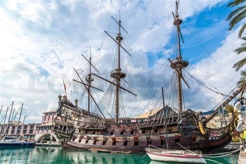 Galeone old wooden ship in a summer day in Genoa, Italy, stock photo