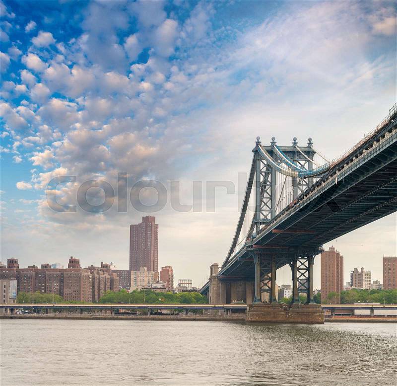 New York. Brooklyn Bridge as seen from Brooklyn streets, stock photo